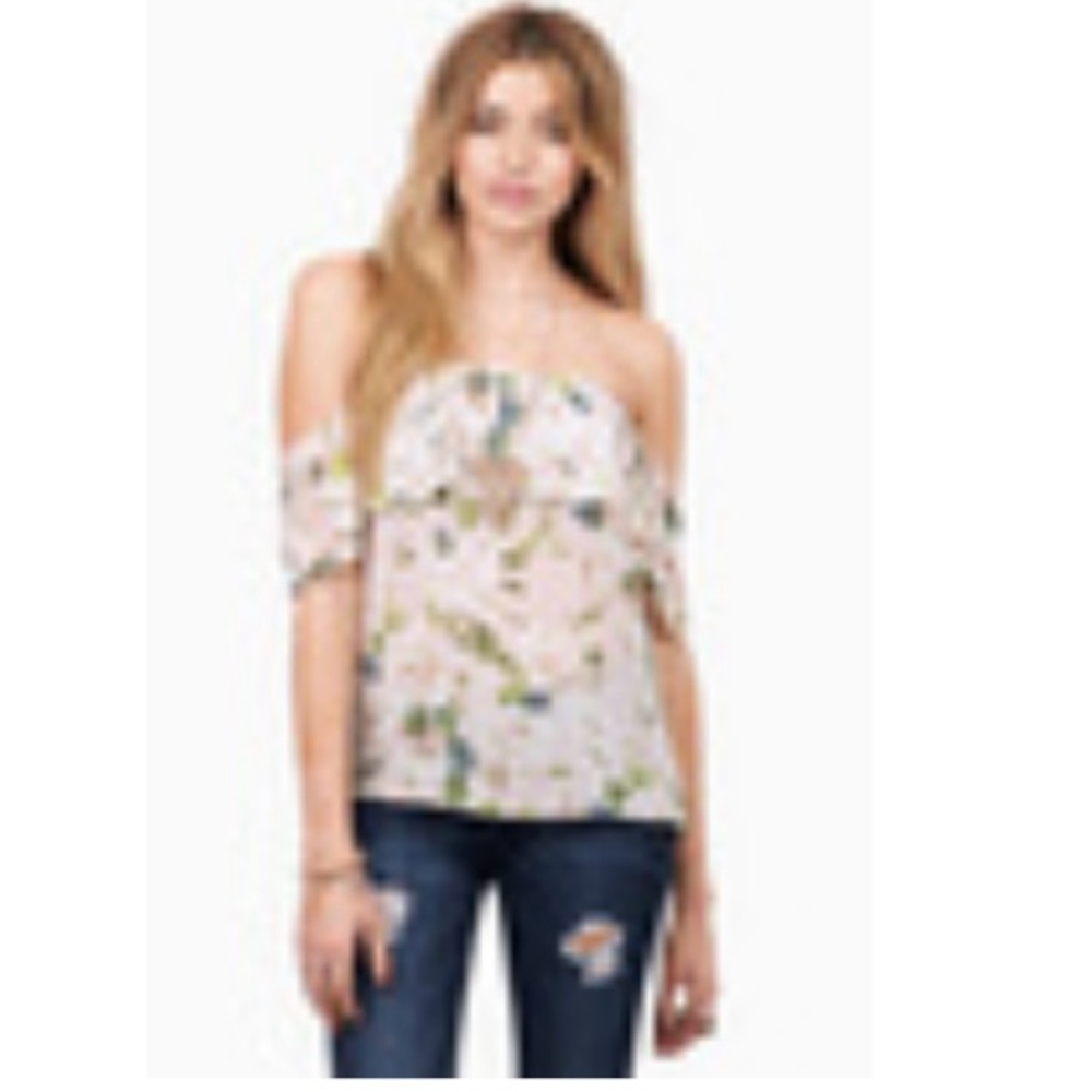 Tobi Floral Asymmetrical Ruffle Blouse - Cream and Green